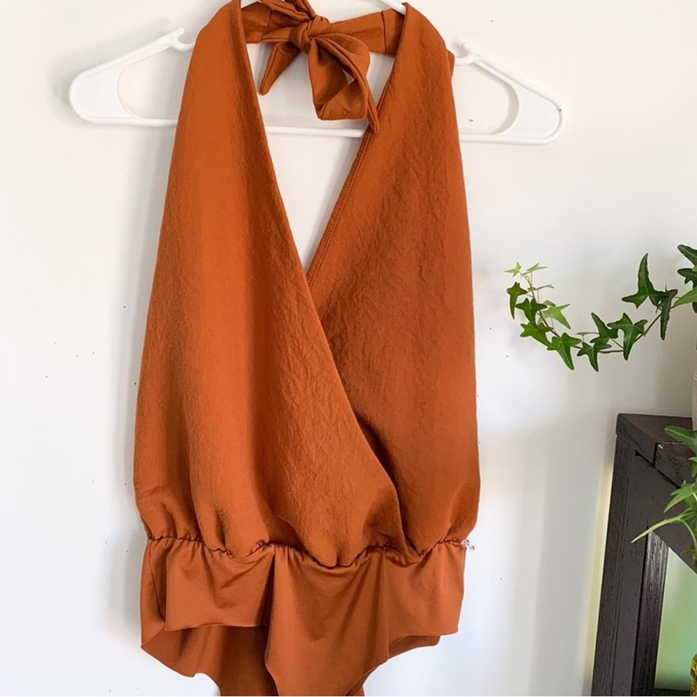 Zara Rust Orange Halter Plunge Bodysuit Draped Surplice Open Back Size Small